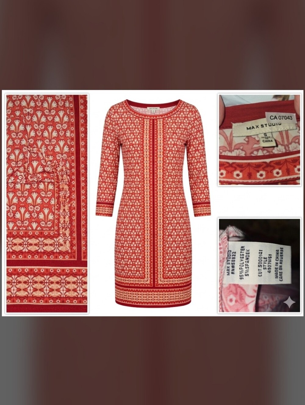 Max Studio Red and Cream Printed Long Sleeve Shift Dress